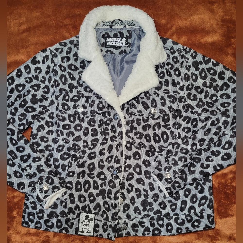 Disney Women's Mickey Mouse Jacket Leopard Print Gray Black
